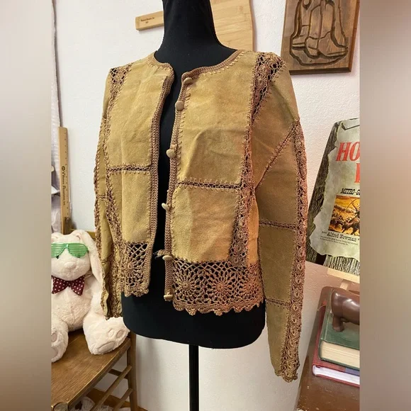 Unique OOAK Hippie Patchwork Leather Crochet Crop Jacket Top Blouse Handmade Sz? - Picture 4 of 16